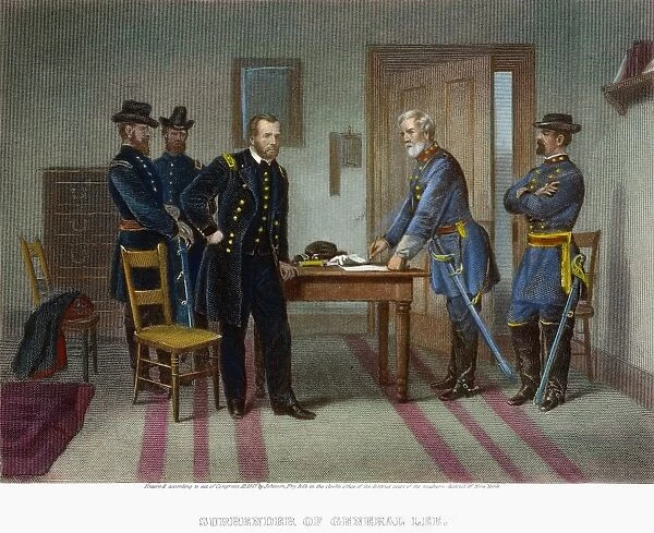 APPOMATTOX: SURRENDER 1865. The surrender at Appomattox Court House, Virginia, 9 April 1865: steel engraving, 1867