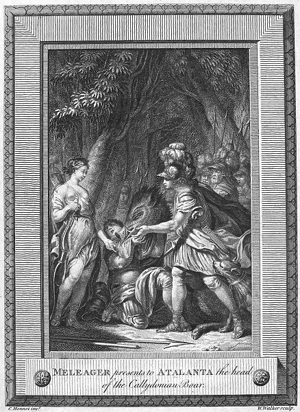 ATALANTA AND MELEAGER. Meleager presenting the head of the Calydonian boar to Atalanta. Copper engraving, English, 18th century, after Charles Monnet