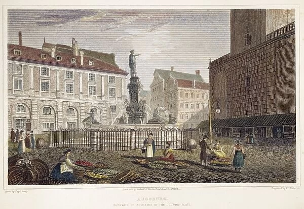 AUGSBURG, 1823. Fountain of Augustus on the Ludwigs Platz, Augsburg: etching and engraving, 1823, after a drawing by Robert Batty