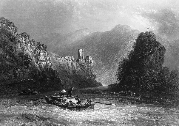 AUSTRIA: THE STRUDEL. Boatmen navigating the Strudel, a section of rapids on the Danube River near Grein, Austria. Steel engraving, English, 1844, after William Henry Bartlett