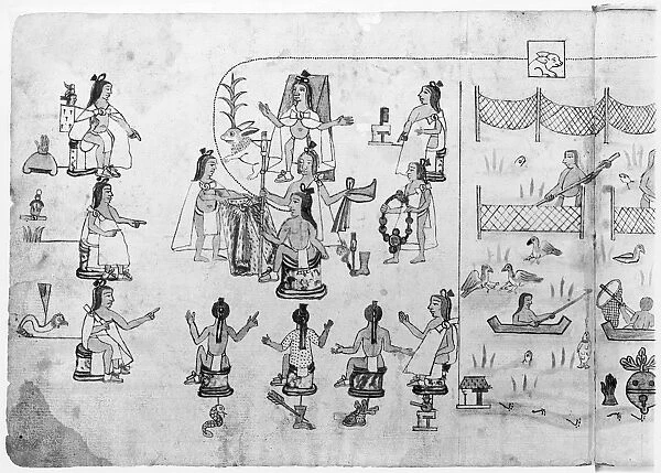 AZTEC CEREMONY. An Aztec dignitary is adorned with his ceremonial cape, crown, scepter