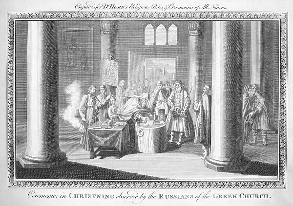 BAPTISM, 18th CENTURY. Ceremonies in Christening observed by the Russians of the Greek Church. Line engraving, English, late 18th century