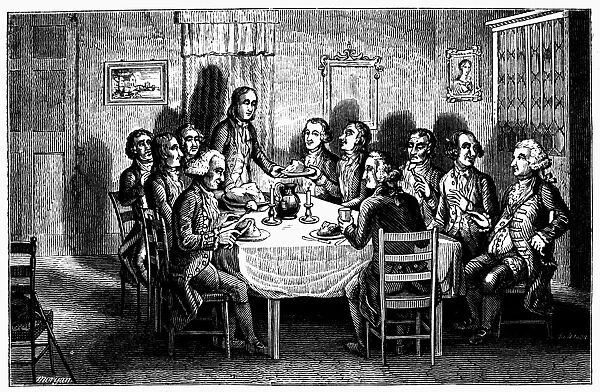 BENJAMIN FRANKLIN (1706-1790). American printer, publisher, scientist, inventor, statesman and diplomat. Franklin and other printers employed at Watts Printing Office in London, eating a Supper of sawdust-pudding and water. Wood engraving, American, 1848