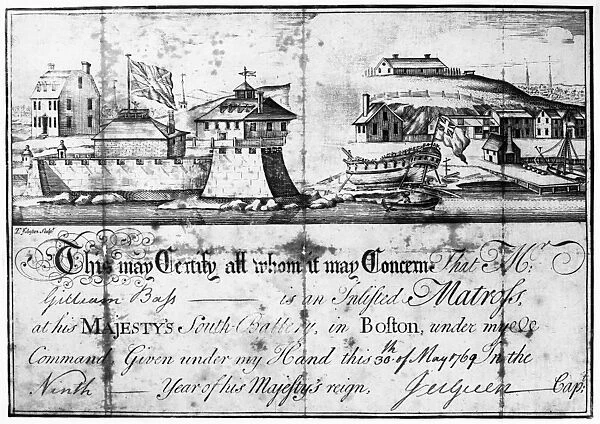 BOSTON HARBOR, 1769. Engraved English certificate for an enlisted matross (gunners mate) at His Majestys South Gallery in Boston, 30 May 1769