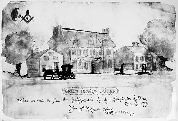 BOSTON: TAVERN, 1773. The Green Dragon Tavern in Bostons North End, where the Boston Tea Party was planned. Watercolor by John Johnson, 16 December 1773, the day of the Tea Party
