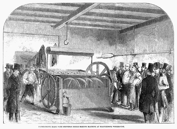 BREAD-MAKING MACHINE, 1858. Experiments made with Stevens bread-making machine at Marylebone Workhouse, London, England. Wood engraving, 1858