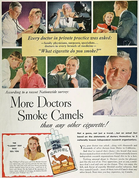CAMELS CIGARETTE AD, c1950. What Cigarette Do You Smoke, Doctor? Advertisement for Camel cigarettes from an American magazine, c1950