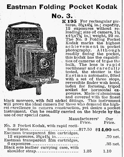 CAMERA ADVERTISEMENT, 1900. Eastman Folding Pocket Kodak. Catalogue advertisement, 1900