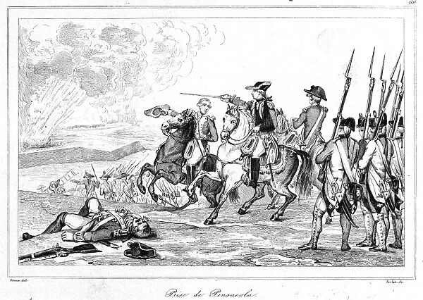 The capture of Pensacola, Florida from the British by Spanish troops under the command of Bernardo de Galvez, 8 May 1781. Line engraving, French, early 19th century