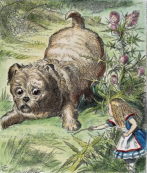 CARROLL: ALICE, 1865. Alice encounters the enormous puppy: after the design by Sir John Tenniel for the first edition of Lewis Carrolls Alices Adventures in Wonderland