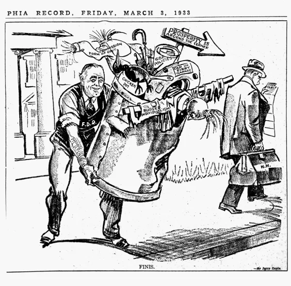 Cartoon depicting newly elected President Franklin Delano Roosevelt throwing out the trash of the departing Hoover administration. Drawing, 1933, by Jerry Doyle