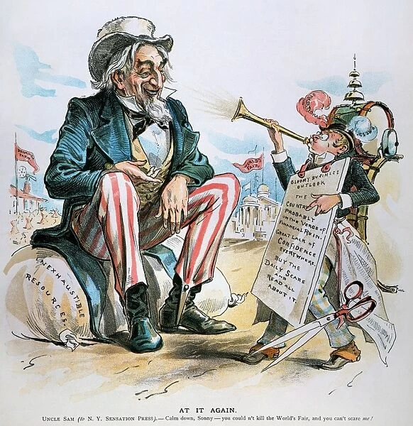 CARTOON: UNCLE SAM, 1893. American cartoon, 1893, depicting an Uncle Sam confident that the gloomy business outlook trumpeted by the N. Y Sensation Press and the bank panic of that year will not adversely affect the country or the Worlds Columbian Exposition at Chicago