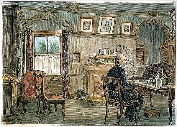 CHARLES DARWIN (1809-1882). English naturalist. In the study of his home in Down, near Beckenham, Kent, England. Wood engraving, English, 1887