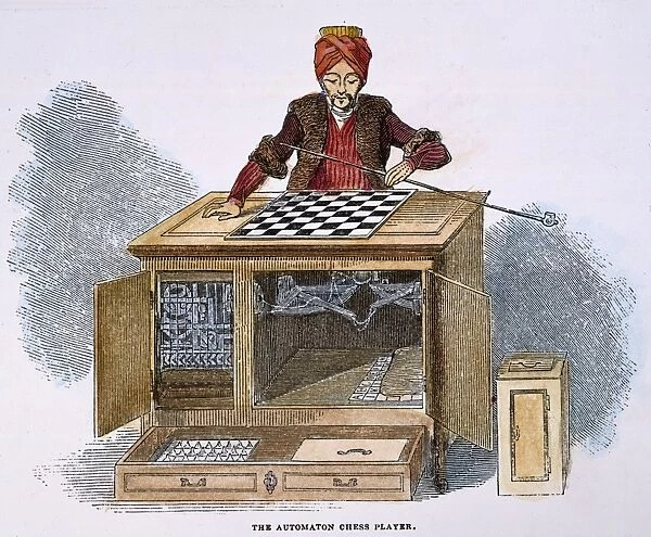 CHESS: AUTOMATON, 1845. Wolfgang von Kempelens The Turk, a chess playing automaton, created c1770. Wood engraving, English, 1845