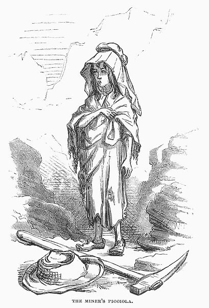 CHILDREN: MINERs DAUGHTER. The ragged daughter of a poor prospector at the time of the California Gold Rush. Wood engraving, American, 1876, after David Hunter Strother (known as Porte Crayon)