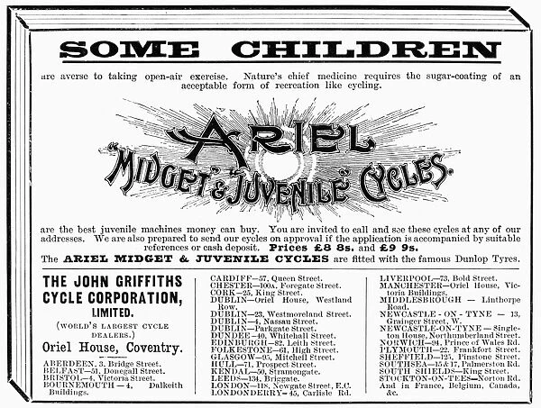 CHILDRENs BIKE, 1897. English newspaper advertisement for Ariel Midget and Juvenile