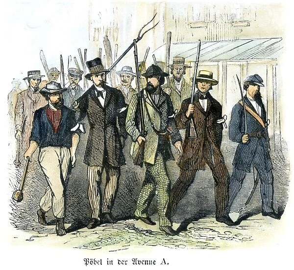 CIVIL WAR: DRAFT RIOTS. Armed draft rioters on Avenue A during the New York City Draft Riots of July 13-16, 1863: contemporary wood engraving