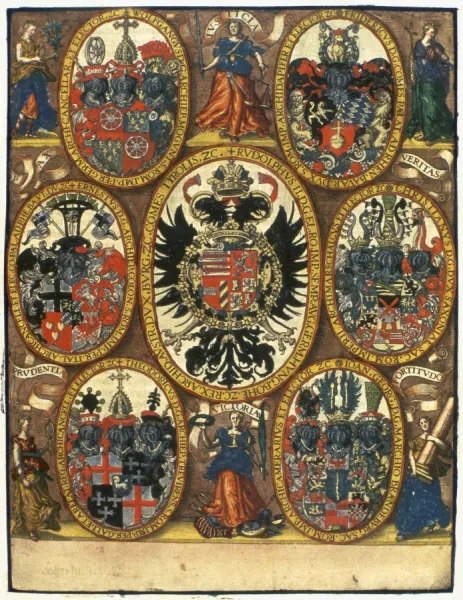 COATS OF ARMS. Coats of arms Holy Roman Emperor Rudolph II and other nobility. Line engraving