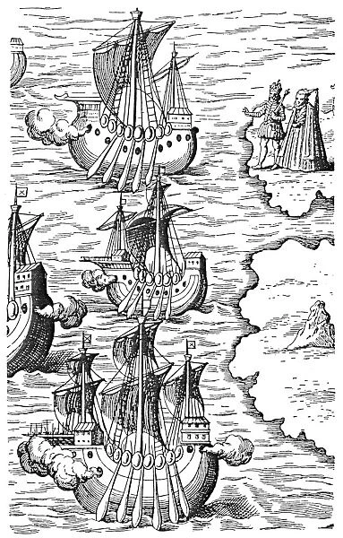 COLUMBUS CARAVELS, 1492. Chrisopher Columbus caravels setting sail from Spain, 3 August 1492. Detail of an engraving from Honorius Philoponus Nova typis transacta navigato novi orbis Indiae Occidentalis, Venice, Italy, 1621
