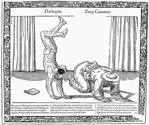 COMMEDIA DELL ARTE. Harlequin and Zanni in a performance of the Italian Commedia dell Arte. French engraving, 18th century