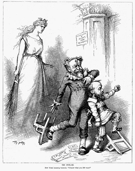 CONKLING  /  PLATT RESIGNATION. The Spoil-Ed. New York (meaning business). I know what you DO want! American cartoon by Thomas Nast, 1881, on the resignation of Roscoe Conkling and Thomas Collier Platt from the U. S. Senate, in protest of President James Garfields appointments