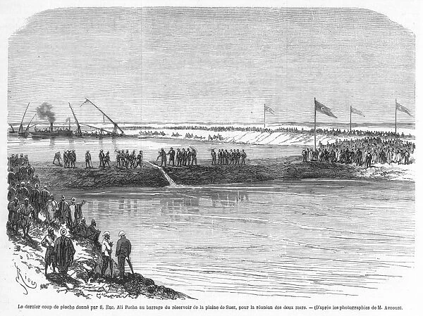 CONSTRUCTION OF SUEZ CANAL. Wood engraving from a French newspaper of 1869