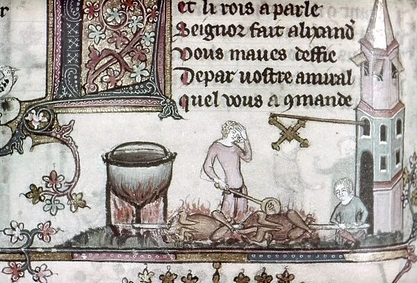 COOKS, 14th CENTURY. Cooks working over an open fire at The Saltire inn