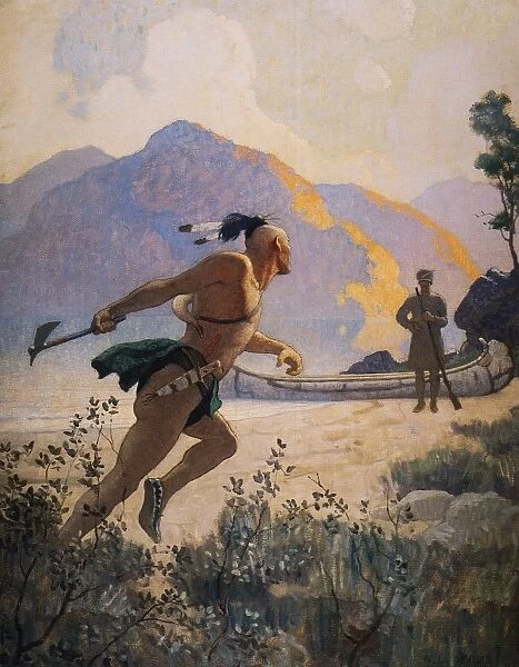 COOPER: DEERSLAYER, 1925. The Native American with his tomahawk charges Deerslayer [Natty Bumppo]
