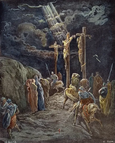 The crucifixion of Jesus and the two thieves (Luke 23: 34). Wood engraving after Gustave Dor