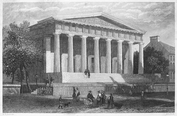 CUSTOM HOUSE, PHILADELPHIA. The Second Bank of the United States, later called the Old Custom House, located on lower Chestnut Street, Philadelphia, Pennsylvanica. Designed by William Strickland and built 1819-1824. Steel engraving, 19th century, after William Henry Bartlett