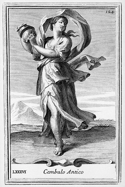 CYMBALS, 1723. A woman playing cup-shaped cymbals from the ancient Near East. Copper engraving, 1723, by Arnold van Westerhout
