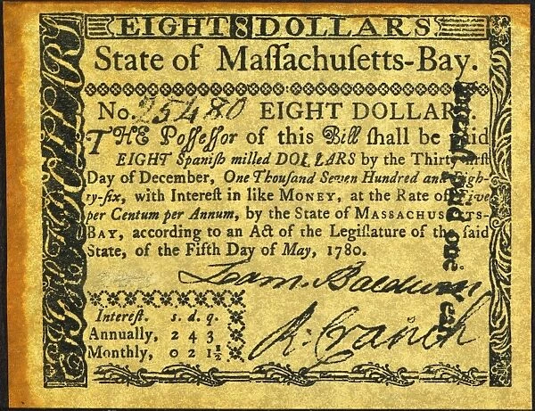 Eight dollar banknote, 1780, offering interest at five percent