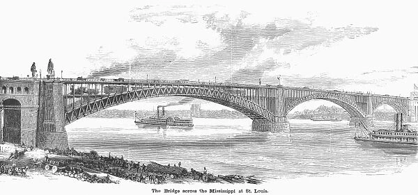 EADS BRIDGE, ST LOUIS. The Eads Bridge (built 1867-74) across the Mississippi River at St. Louis. Wood engraving, 19th century