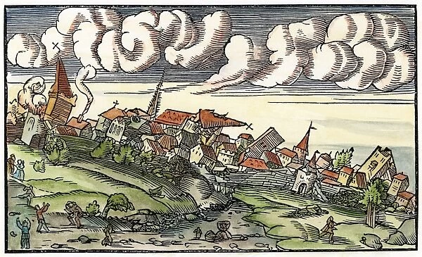 EARTHQUAKE, 1550. The aftermath of an earthquake. Woodcut, 1550