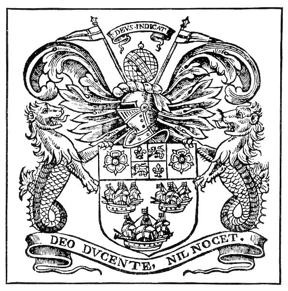 EAST INDIA COMPANY, 1633. Coat of arms of the British East India Company. Line engraving, 1633
