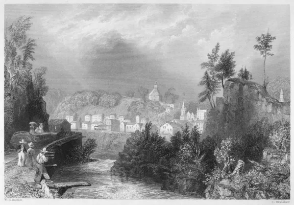 ERIE CANAL: LITTLE FALLS. Village of Little Falls, New York, showing the Mohawk River