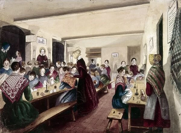EVENING SCHOOL, c1840. Girls Evening School. Young American women being taught penmanship