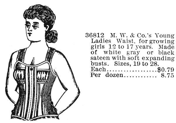 FASHION: CORSET, 1895. Advertisement cut from an American mail-order catalog, 1895