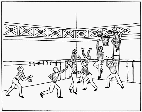 The First Game of Basketball. Drawing, c1892