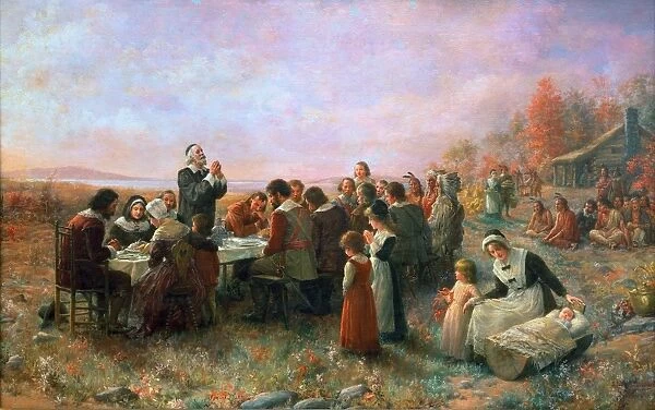 THE FIRST THANKSGIVING At Plymouth, Massachusetts. Oil on canvas, 1914, by Jennie A. Brownscombe