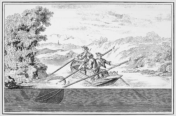 FISHING, 18TH CENTURY. Netting trout and perch with a scoop