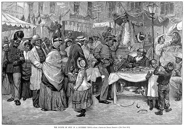 FOURTH OF JULY, 1888. African Americans celebrating the Fourth of July in a Southern town. Line engraving, 1888, after a sketch by Horace Bradley