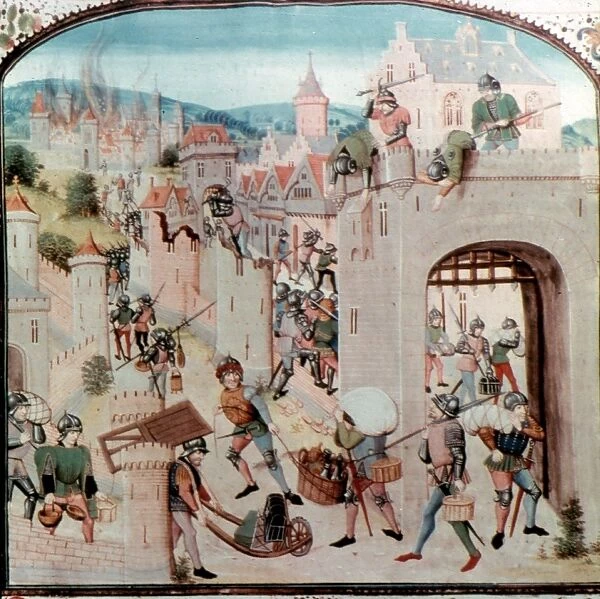 FRANCE: MEDIEVAL SACKING. The sacking of a French town. French manuscript illumination