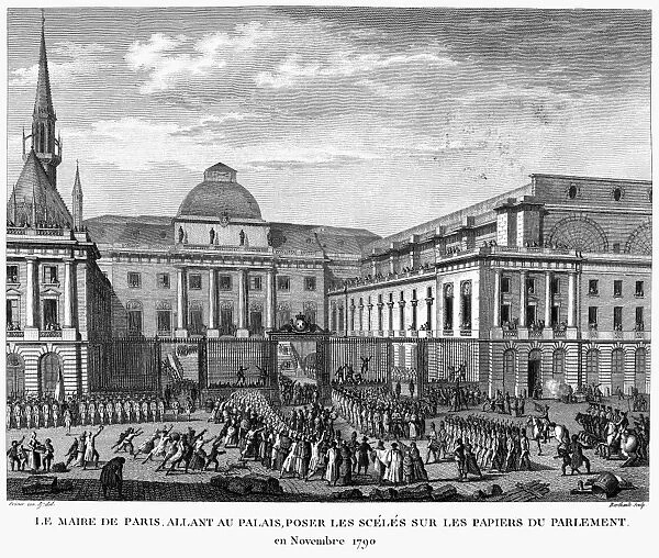 FRENCH REVOLUTION, 1790. The Mayor of Paris, Jean-Sylvain Bailly, going to the Palais de Justice to sign the parliamentary papers, November 1790. French engraving by Jean-Louis Prieur, early 19th century