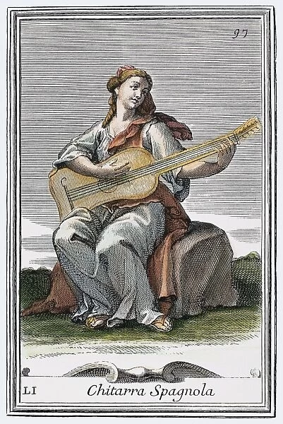 GUITAR, 1723. The Spanish guitar. Copper engraving, 1723, by Arnold van Westerhout