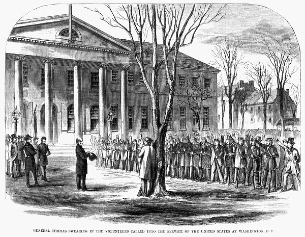 HARPERs WEEKLY, 1861. General Thomas swearing in the volunteers called into the