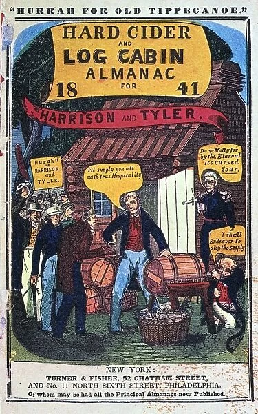 HARRISON: ALMANAC COVER. Cover of the Hard Cider and Log Cabin Almanac for 1841, promoting William Henry Harrisons candidacy for President in 1840