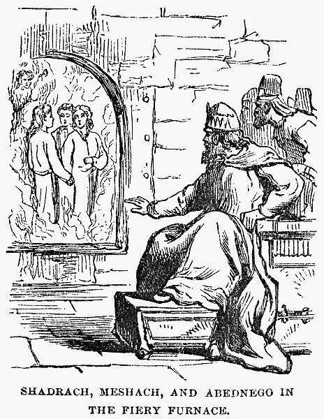THREE HEBREWS. Meshach, Abednego, and Shadrach in the fiery furnace at Babylon (Daniel 3: 20-26). Wood engraving from a 19th century American Bible