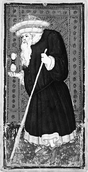 HERMIT, 1430. Symbol of Prudence. Tarot card from Italian deck printed in Milan
