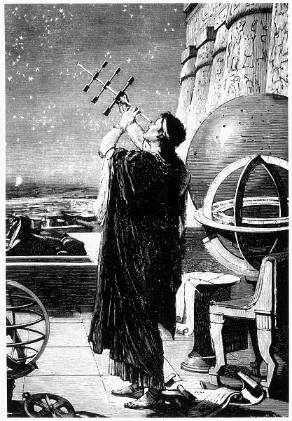 HIPPARCHUS (146-127 B. C. ). Greek astronomer. Hipparchus observing the stars. Line engraving, 19th century